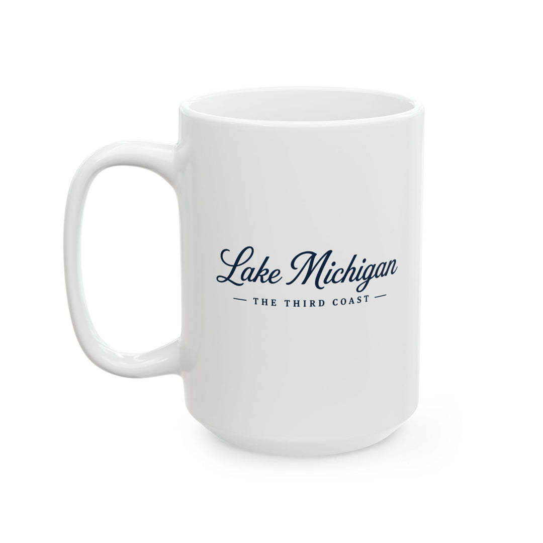 Michigan Lakeside Mug — Lake Michigan Script Coffee Cup (11oz, 15oz)