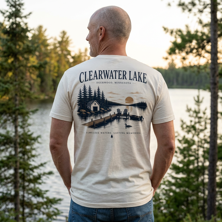 Clearwater Lake- Deerwood, MN Tee — "Timeless Waters. Lasting Memories" Shirt