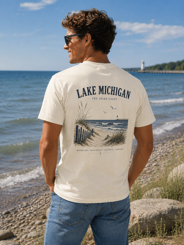 Lake Michigan Beach T-Shirt — Vintage Coastal Scenic Tee