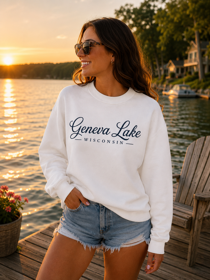 Geneva Lake Wisconsin Crewneck Sweatshirt - Geneva Script Sweatshirt