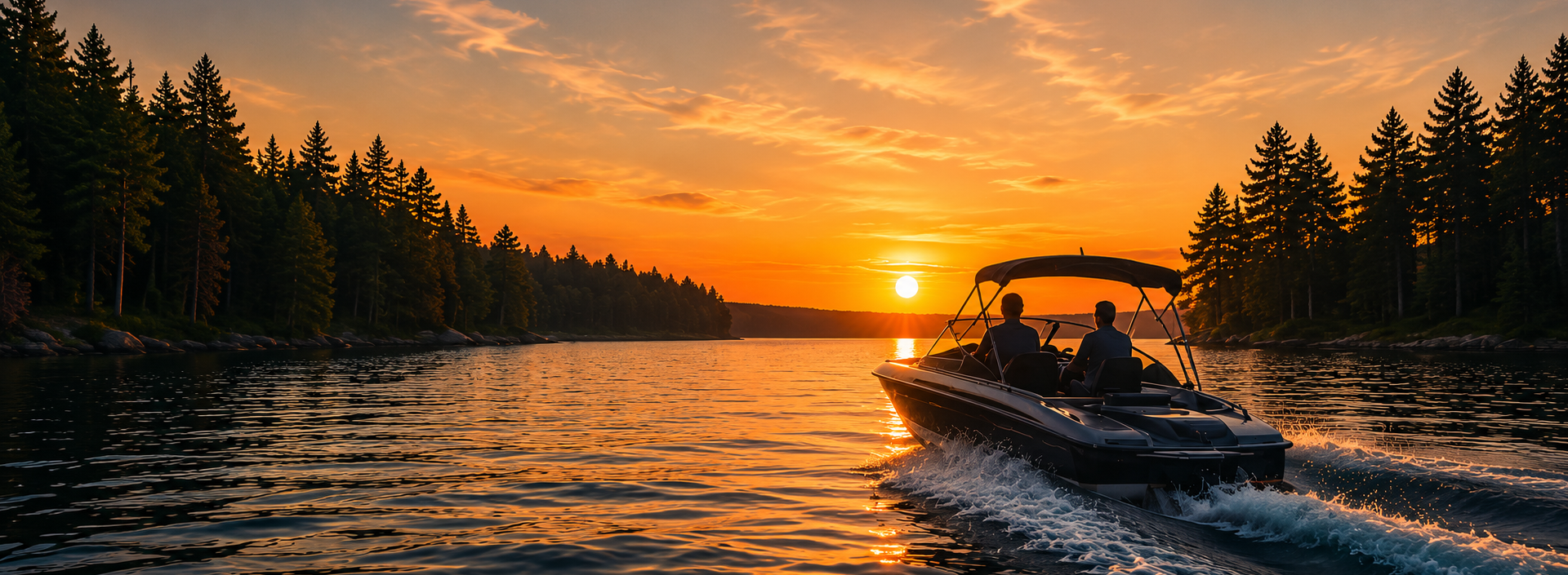 Two people in a boat on a lake at sunset with trees lining the shores.